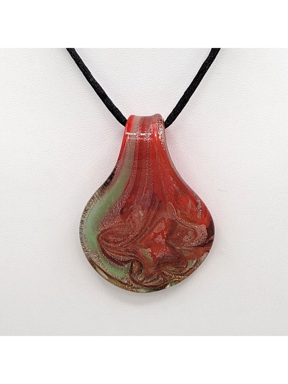 Art Glass Red Teardrop Pendant Necklace Swirled with Green Gold Accents